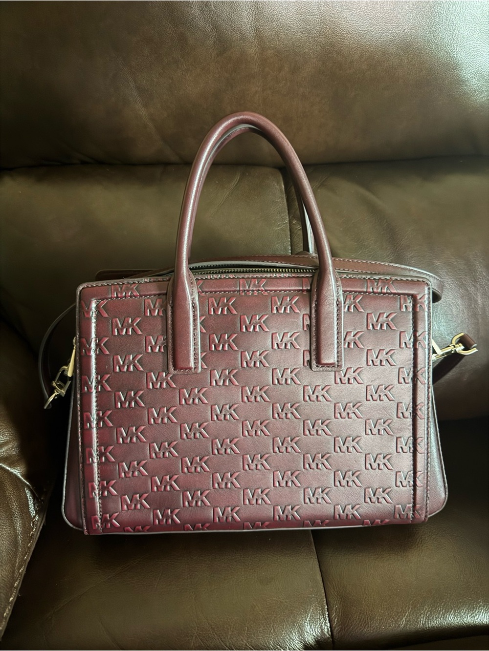 Michael Kors Wine Embossed MK Logo Satchel (Laila)